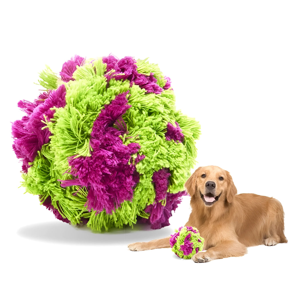 Purple plush dog chew ball with knotted seaweed design measuring 15cm diameter