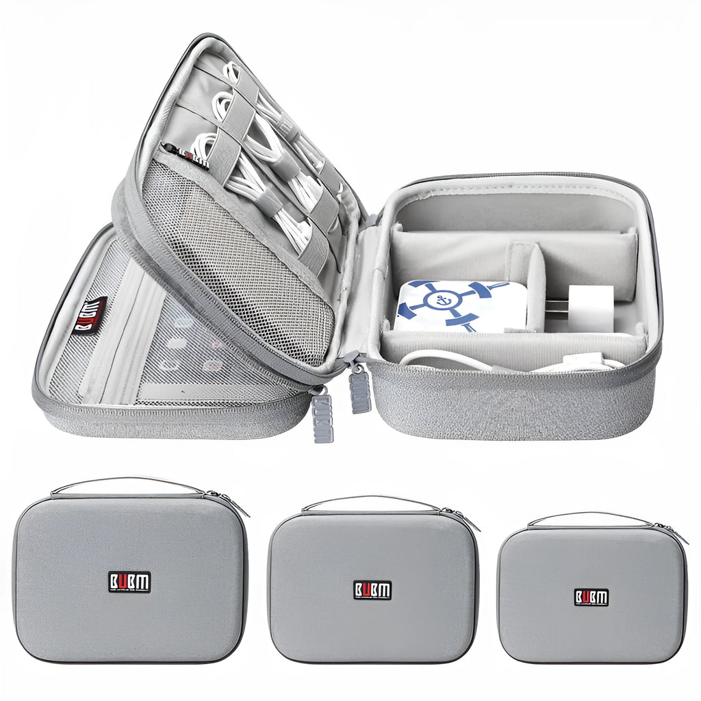 Black and grey EVA digital storage bag with handbag shape for organising headphones and cables.