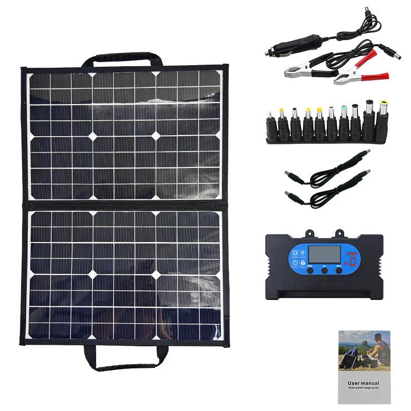 Black 40W folding solar panel unfolded for use with portable carrying bag