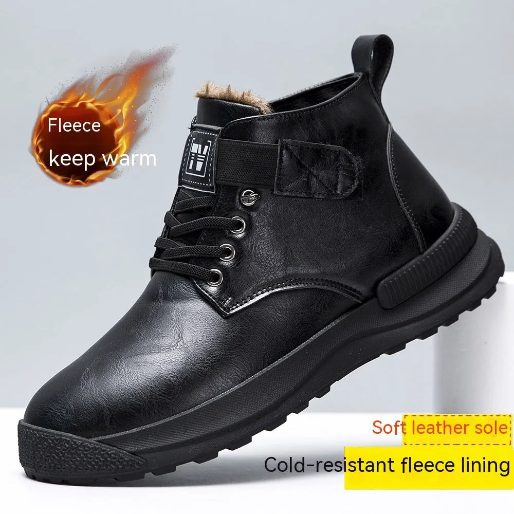 Black and brown Martin boots with high-top platform design and velvet detailing