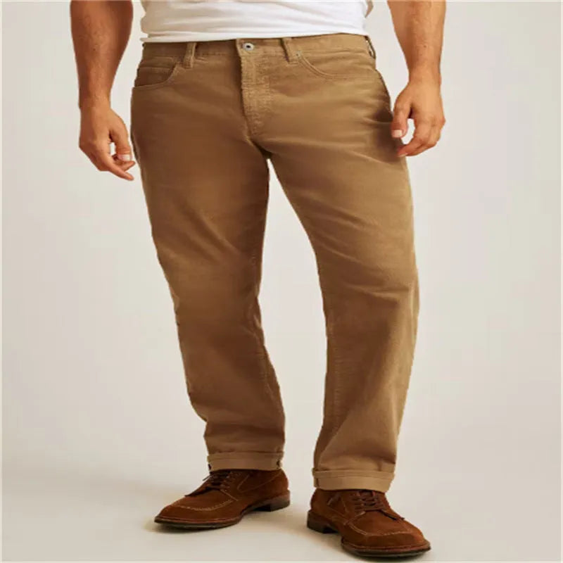 Corduroy straight-leg casual trousers in four colours with zip fly and mid-waist design