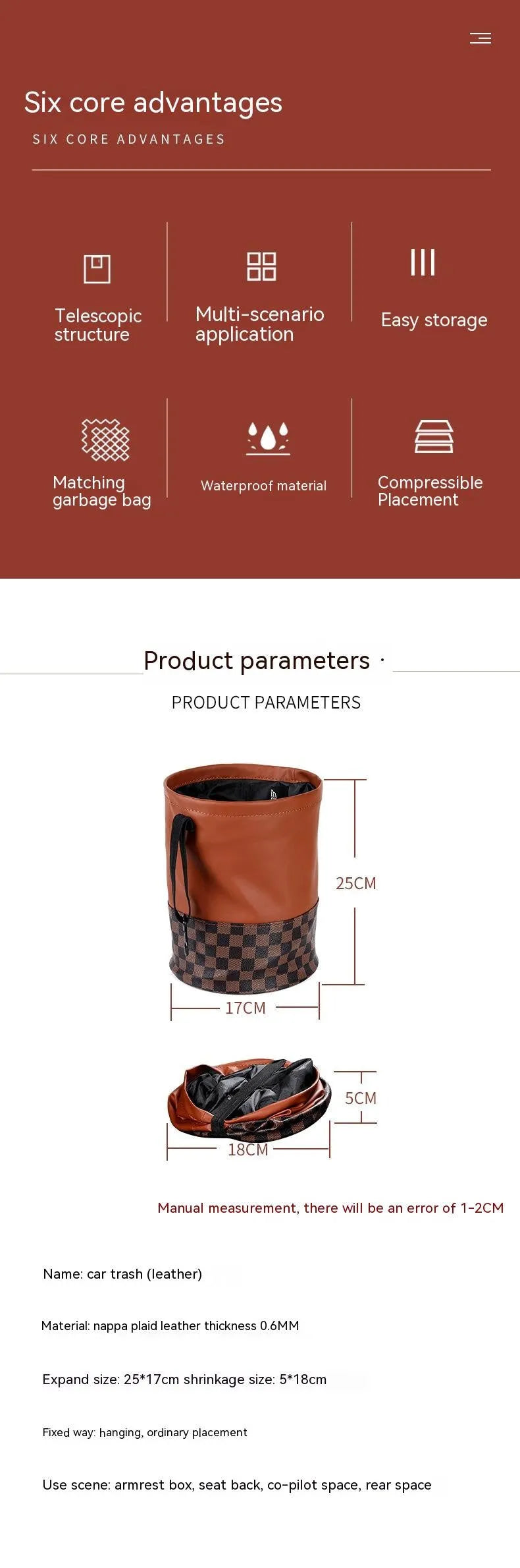 Retractable leather car interior trash can with carry handle in colour as shown.