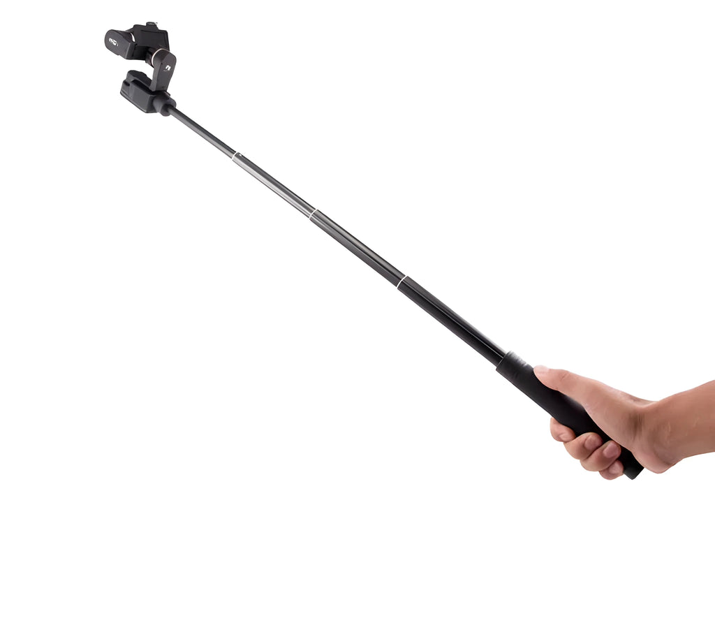 Black retractable selfie stick with adjustable phone mount extended to full length