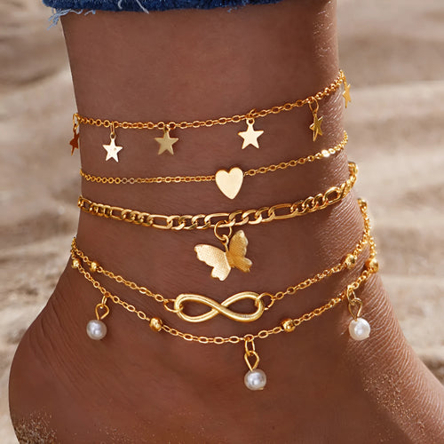 Butterfly pearl heart anklet jewellery set with four coordinated alloy foot chains