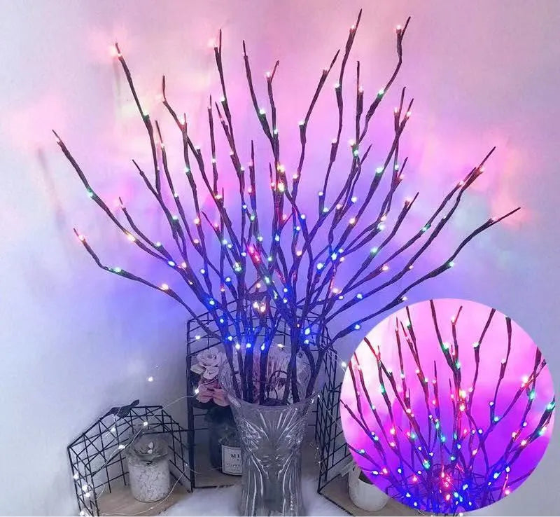 Silver branch LED tree light with colourful illumination in vase base for room decoration