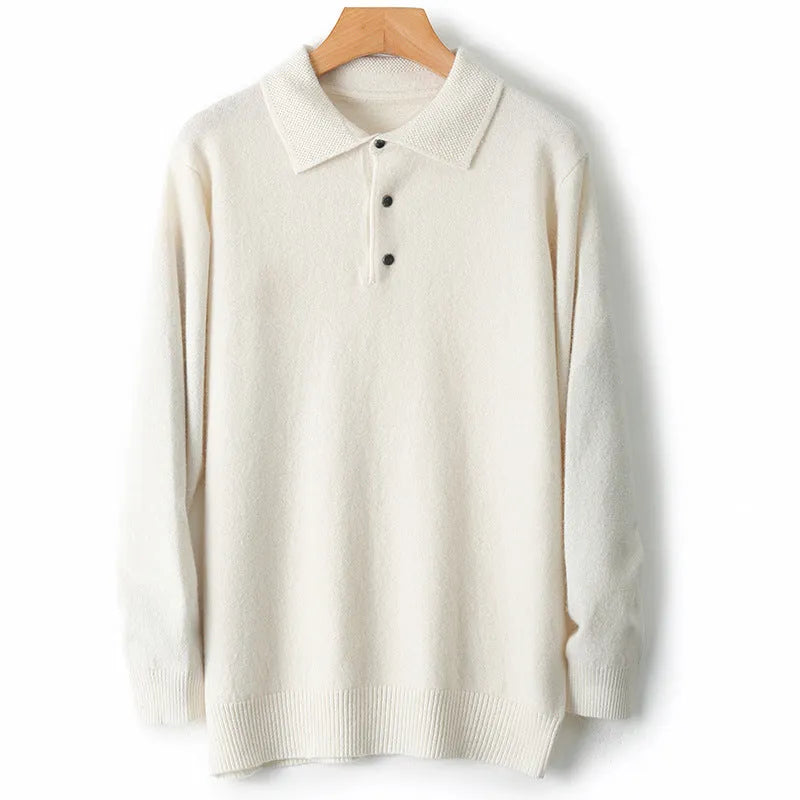 Men's grey wool pullover sweater with a polo collar and long sleeves on a hanger