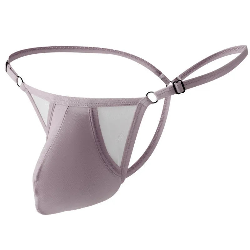 Men's ice silk T-back underwear in light purple showing adjustable thin straps and low waist design.