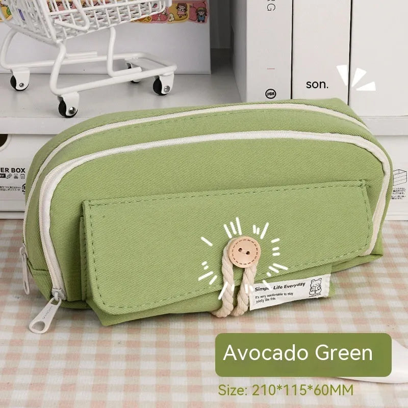 Canvas pencil case in green colour showing large capacity design for student stationery organisation