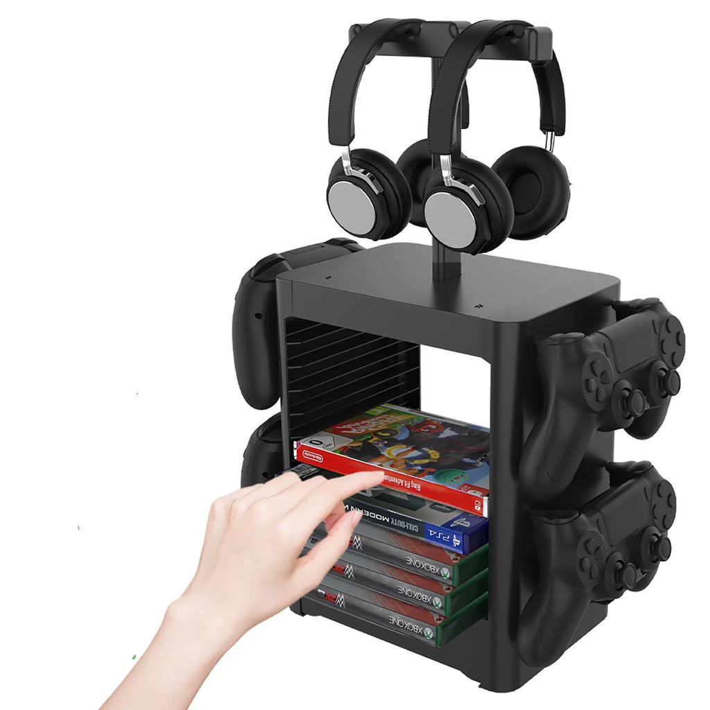 Black gaming storage rack with headphone holder, controller sides, and drawer for PS5 Xbox Switch accessories