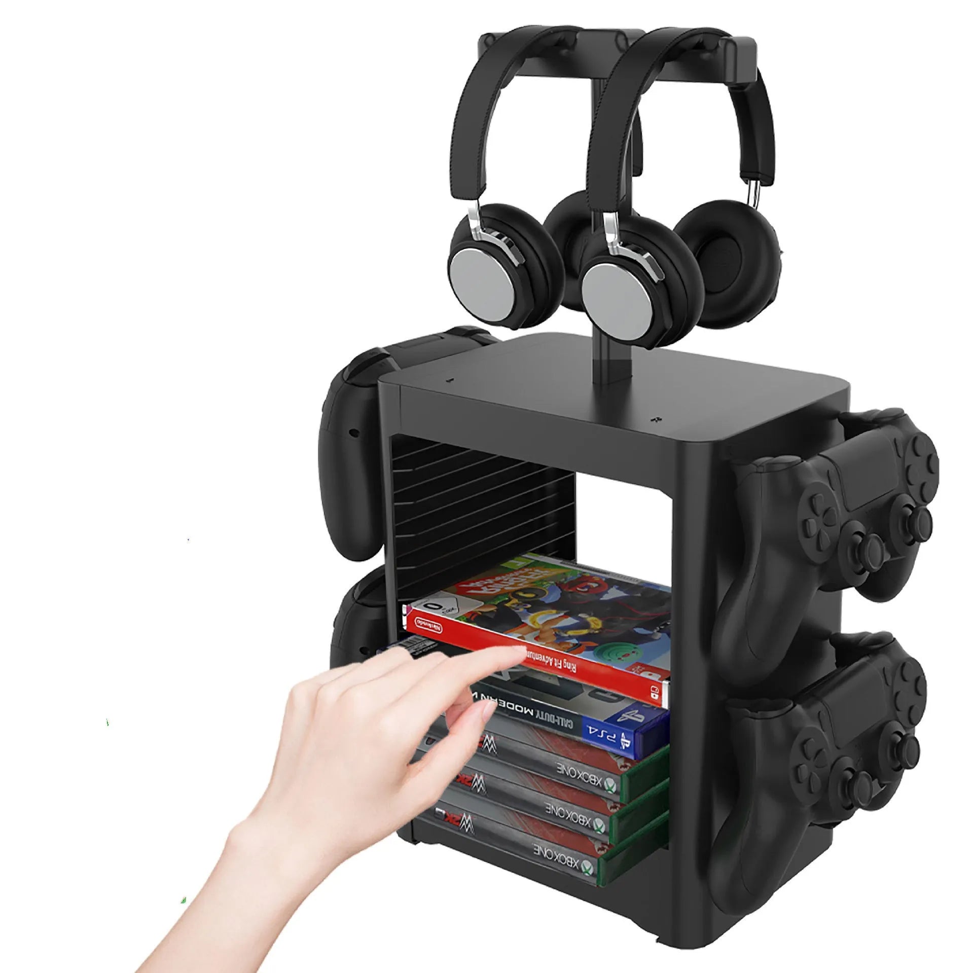 Black gaming storage rack with headphone holder, controller sides, and drawer for PS5 Xbox Switch accessories