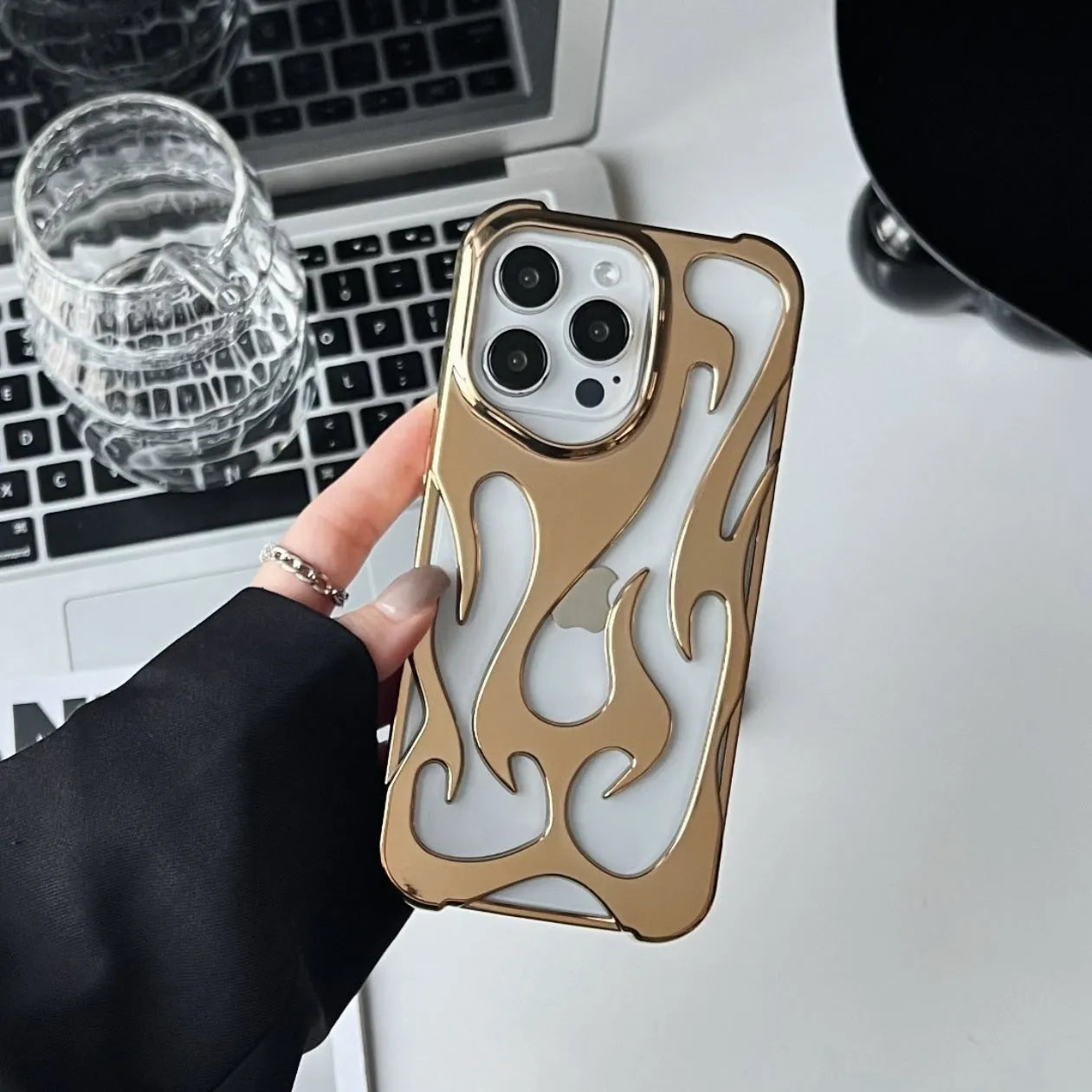 Electroplated hollow flame pattern phone case for Apple iPhone with metallic finish and heat dissipation design