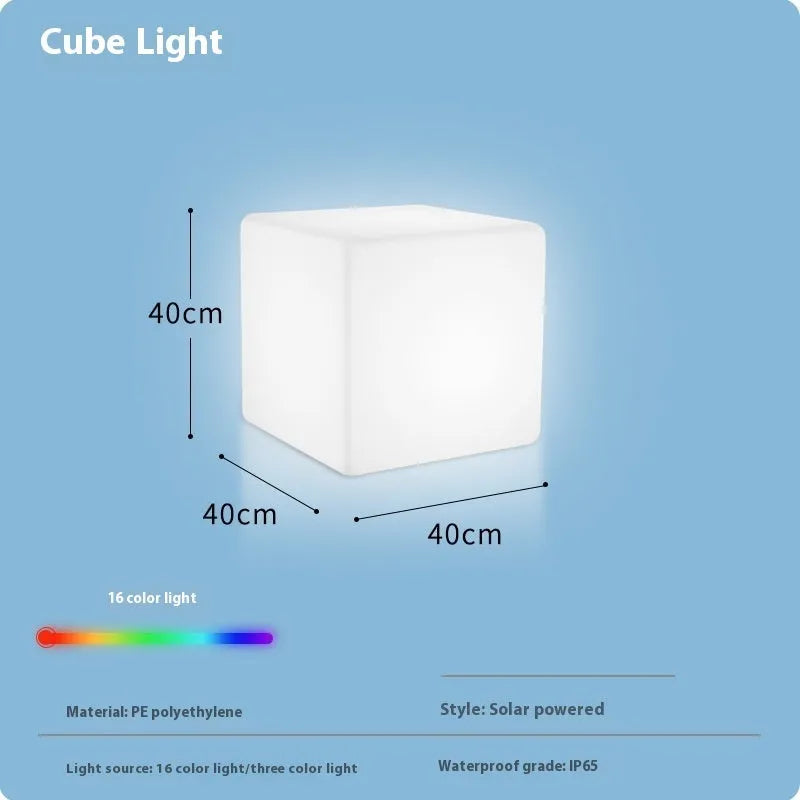 Modern square LED cube light for outdoor garden and patio use with waterproof IP65 rating.