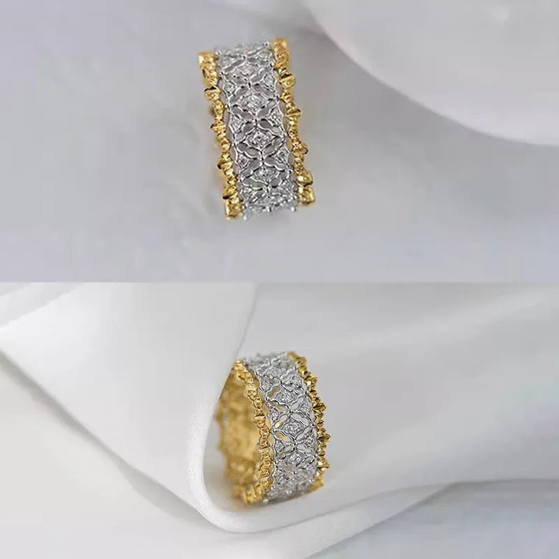 Geometric two-tone gold zircon ring on a copper band, shown in a side view.