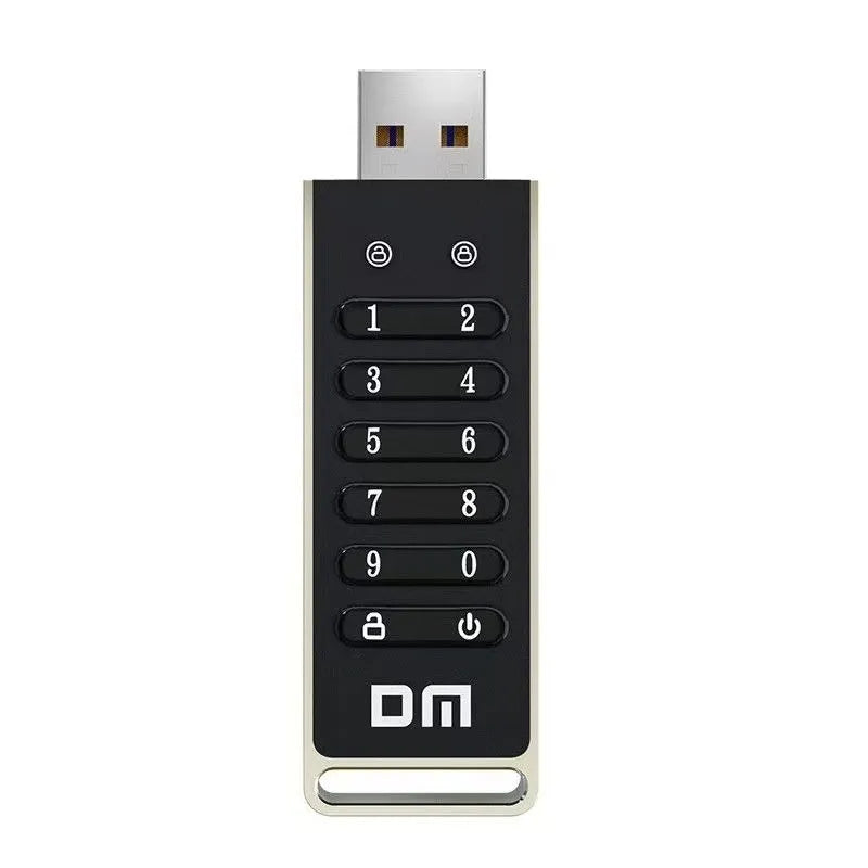 Metal USB flash drive with fingerprint sensor showing 64GB capacity and USB 3.0 connector