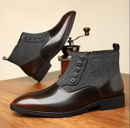 Men's brown retro formal shoes with a side zipper, square toe, and low square heel on a rubber sole.