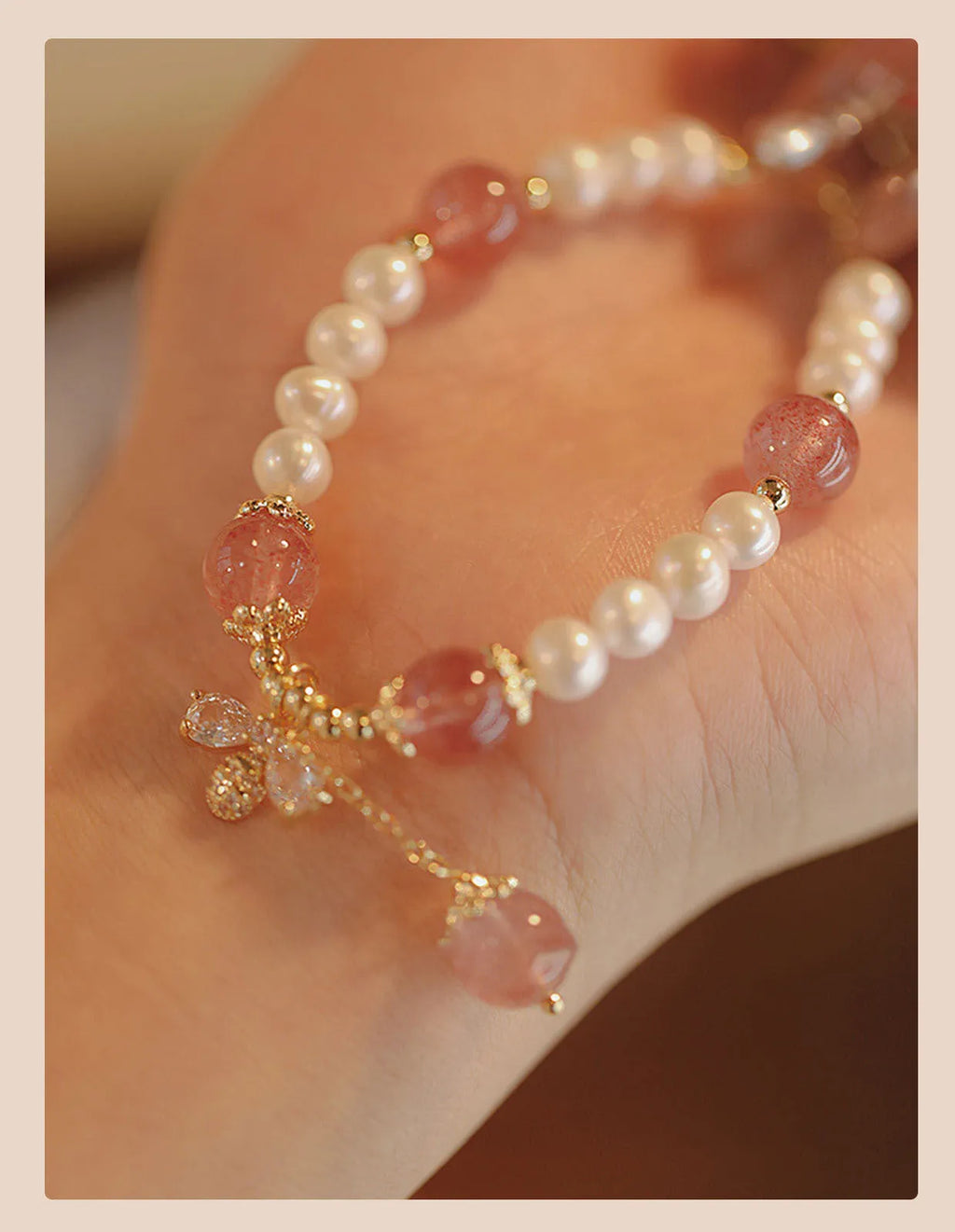 Women's Strawberry Quartz crystal bracelet with hand-stringed pearls and bow decoration in INS summer style