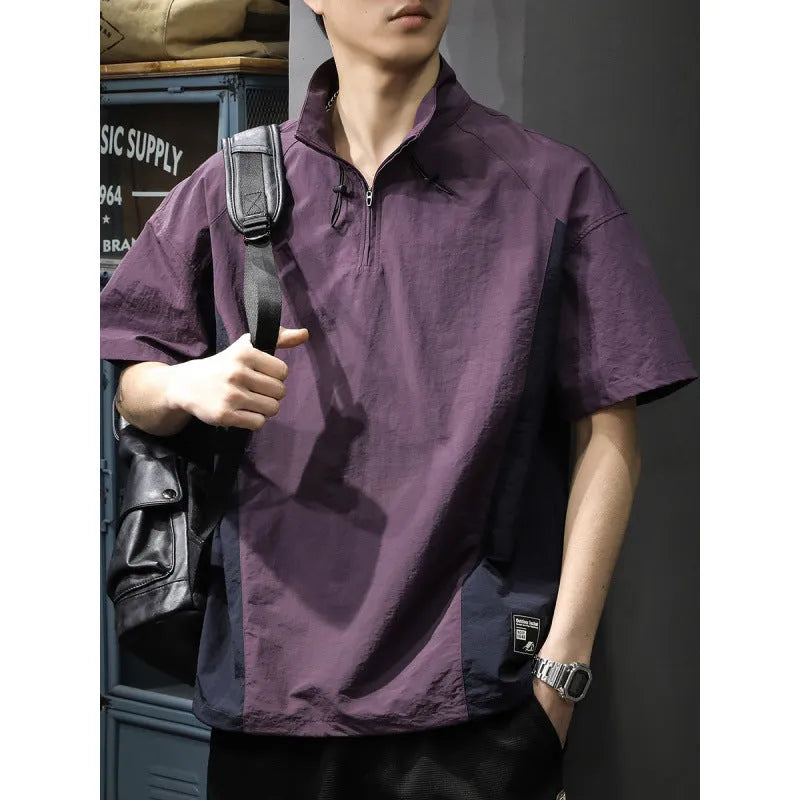 Men's brown half-zip stand collar shirt with short sleeves and loose fit summer design