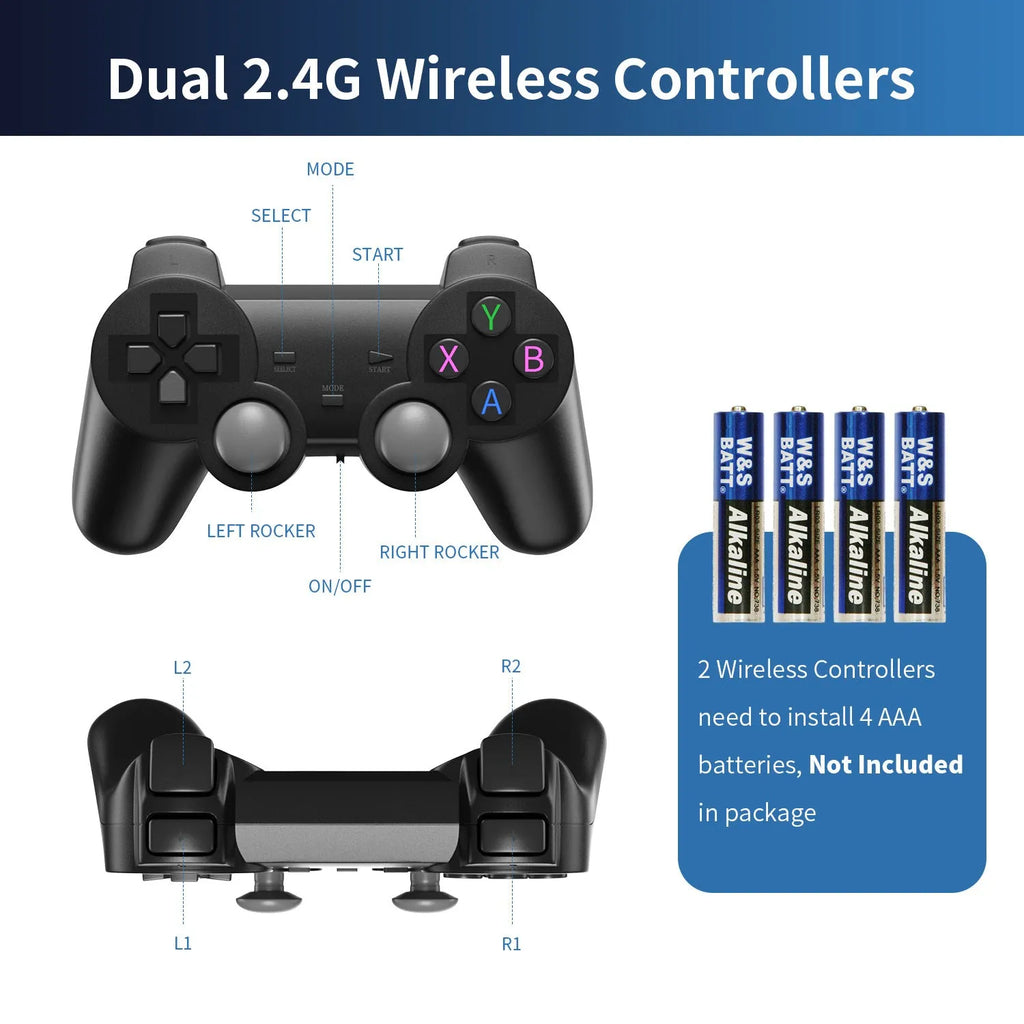Black ABS 4K wireless TV game console host with dual handle controller and HDMI cable