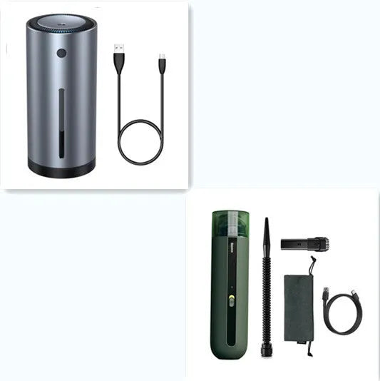 Baseus handheld wireless car vacuum cleaner in black, white, or green with blowing hose attachment