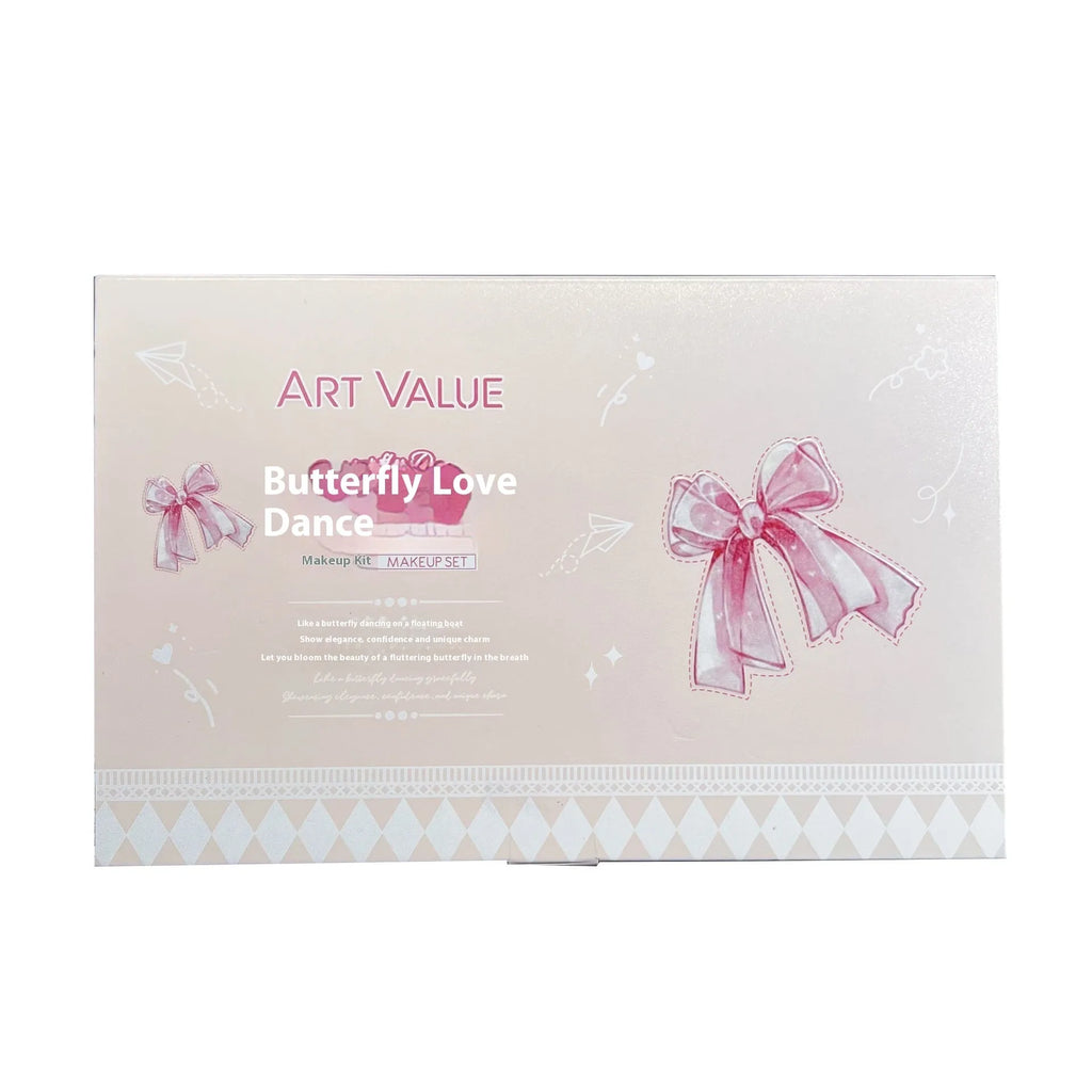 Butterfly Box makeup collection showing pink lip muds, powder blusher and matching necklace
