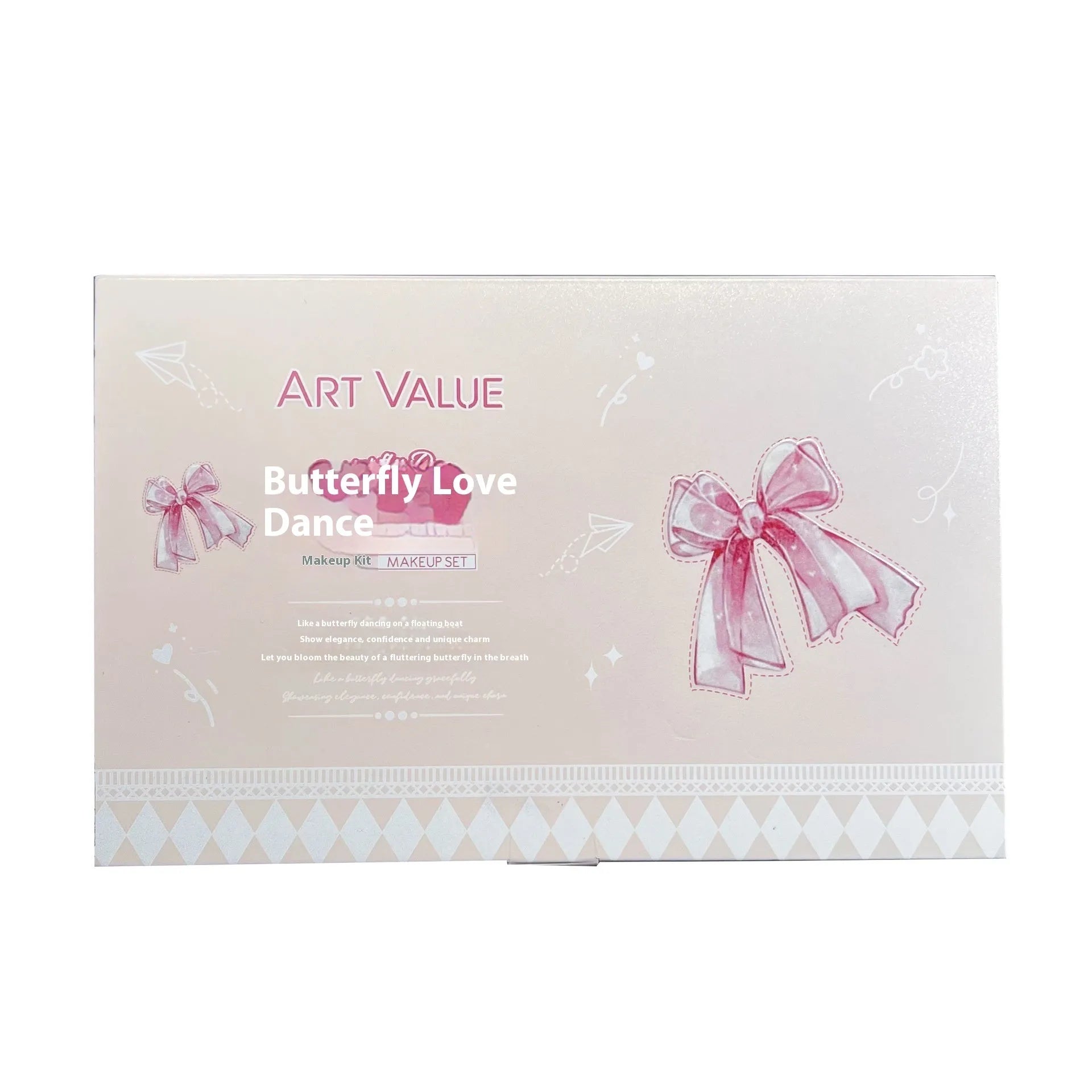 Butterfly Box makeup collection showing pink lip muds, powder blusher and matching necklace