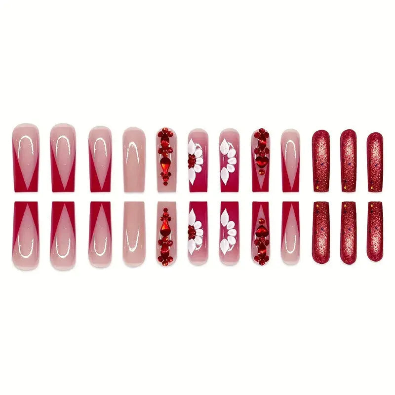 Sweet Flowers pattern removable false nails with red diamond accents in Long European Square shape.