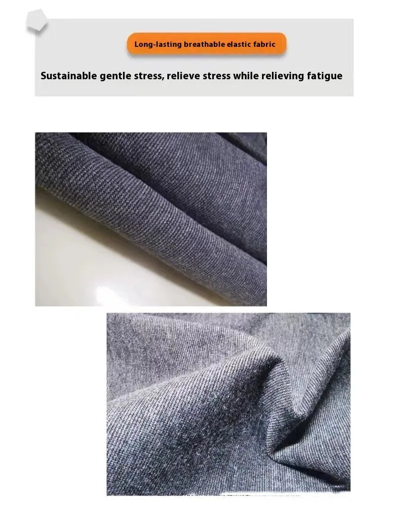 Heather Grey brocade cotton dog anxiety jacket and warm vest shown on a model, sized for dogs from under 4kg to over 50kg.