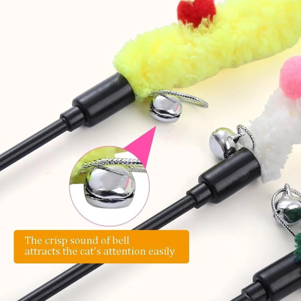 Blue green pink plush strip cat wand toy with bell on 41cm pole