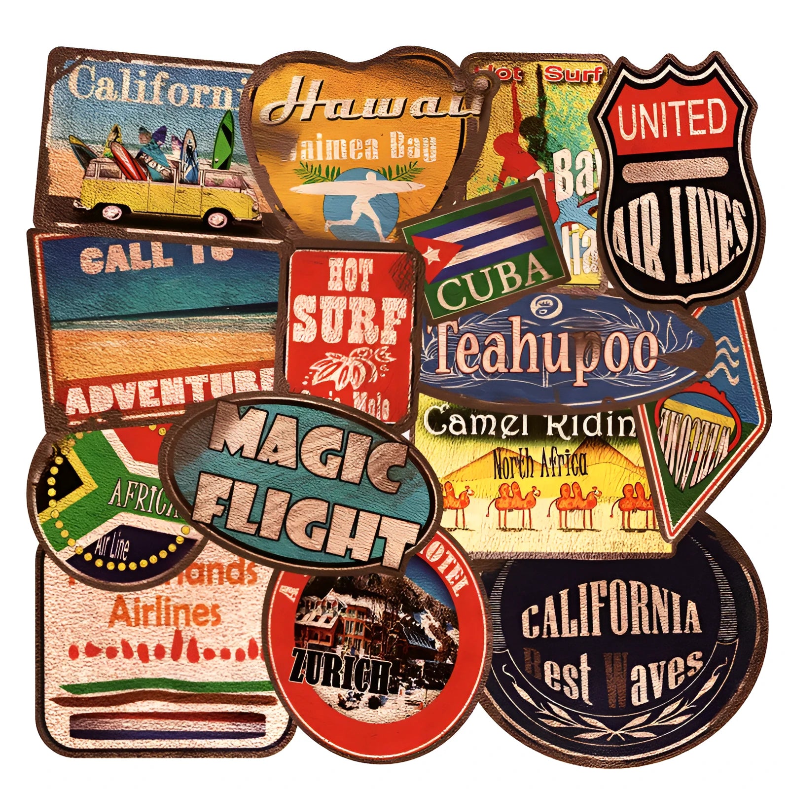 36-piece retro beach sticker set with surf and travel designs on PVC material with matte finish