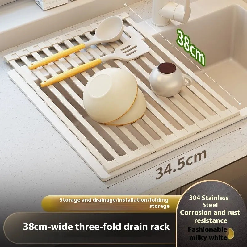 Milky white foldable stainless steel kitchen draining rack for dishes on a countertop