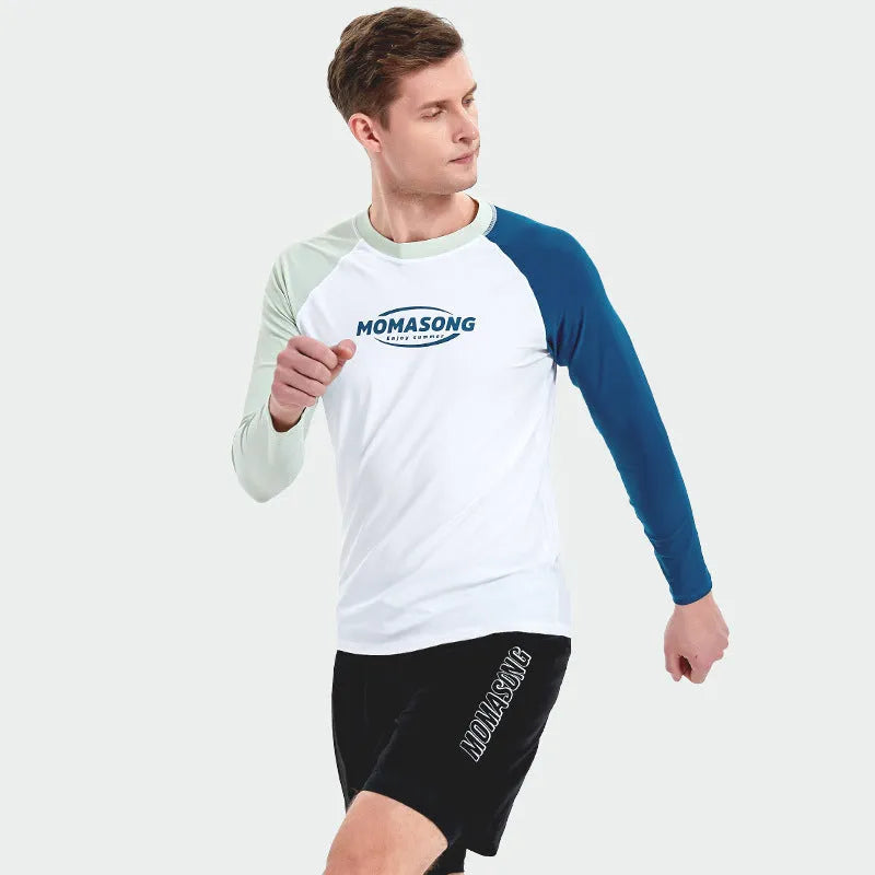 Men's white long-sleeved swim top and matching trunks set for sun protection water sports
