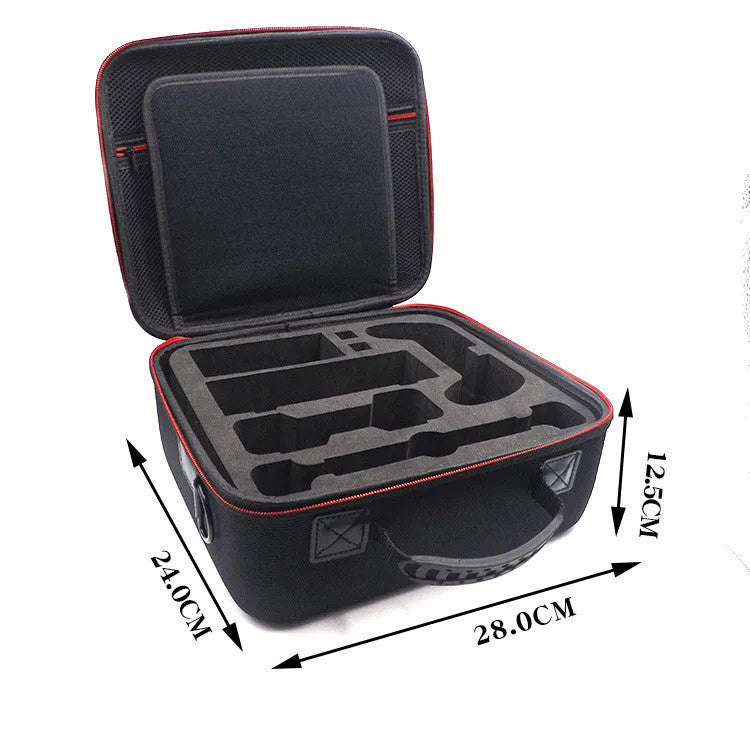 Black EVA game console accessory storage bag showing two size options for controllers and cables.