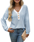 Women's V-neck patchwork pullover top in polyester with long sleeves and loose fit