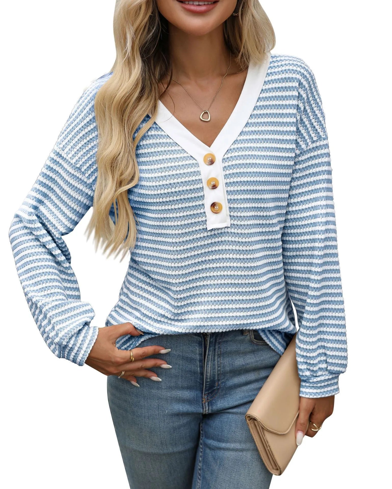 Women's V-neck patchwork pullover top in polyester with long sleeves and loose fit