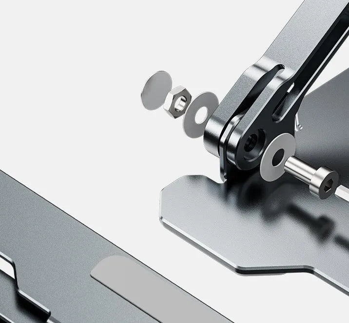 Grey aluminium adjustable laptop stand with folding design for portable use