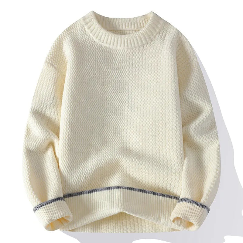 Men's loose fit round neck sweater in a chemical fibre blend, shown in grey, white, black, and khaki colours.