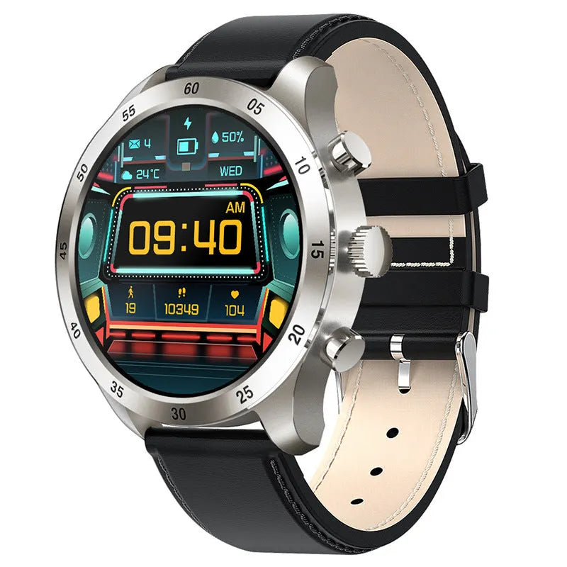 Apple iOS smart watch with Bluetooth calling on wrist, showing steel case and health monitoring display.