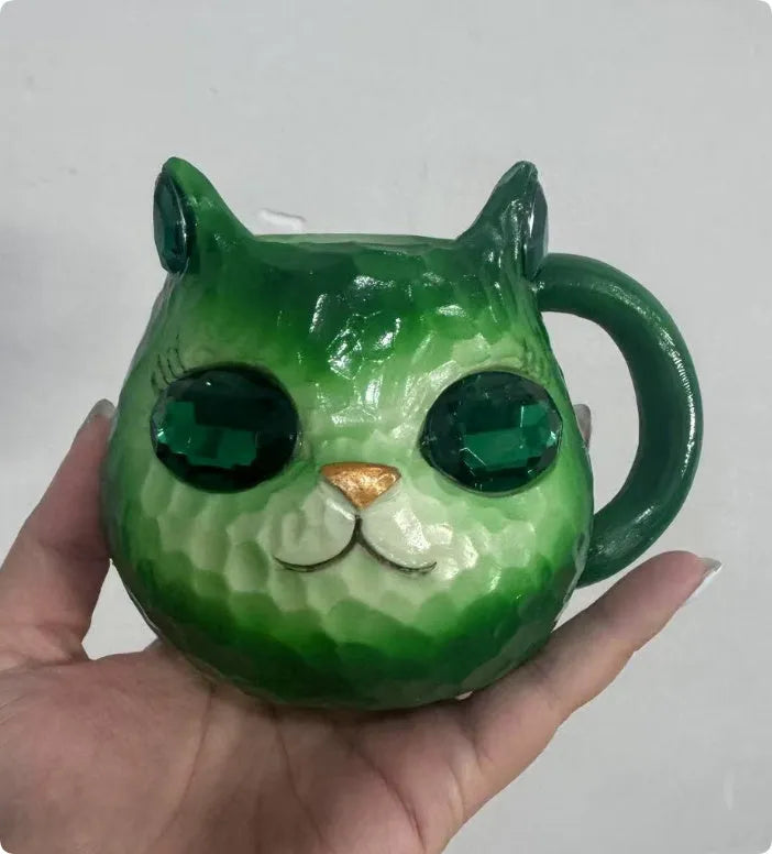 Translucent resin cat cup ornament in American style, shown in purple, green, blue, and pink colour options.