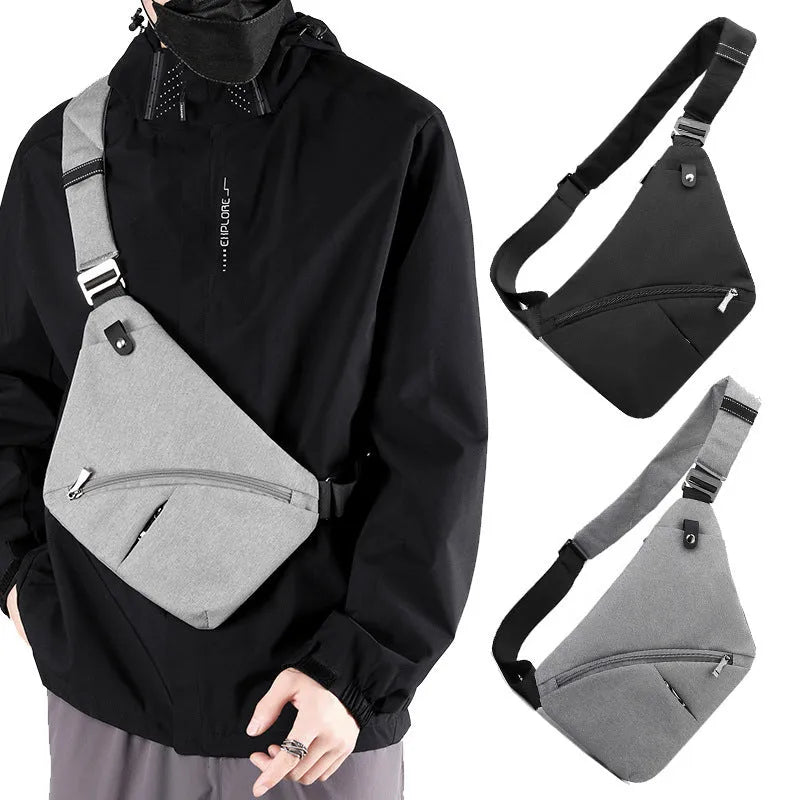 Men's grey oxford cloth chest bag with letter detailing worn on right shoulder