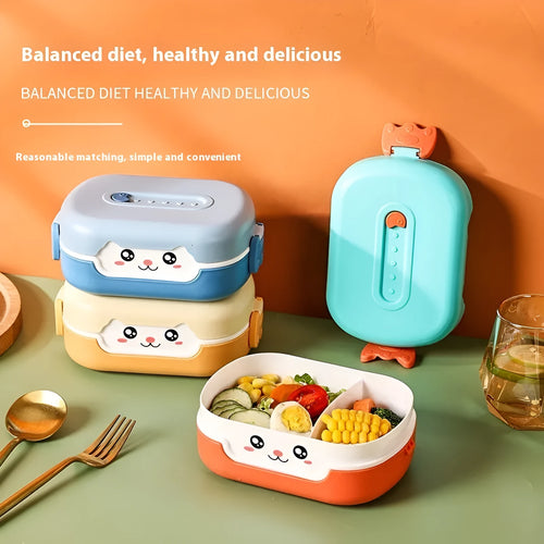 Children's divided lunch box with cartoon pattern, square shape, and 301-500ml capacity