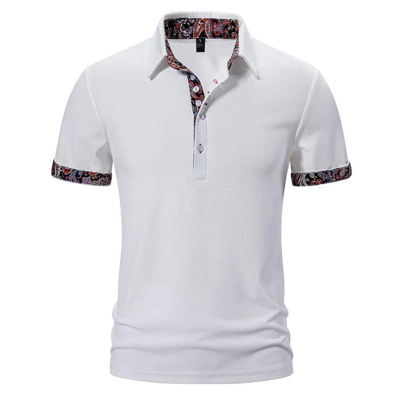 Men's cotton blend polo shirt with colour stitching on turnover collar in white, black, navy blue options