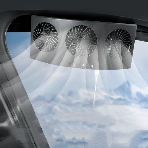 Black USB-powered car ventilation fan on a car dashboard with a 1.5m cable