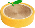 Yellow round cat scratching board with sisal surface and concave sleeping centre
