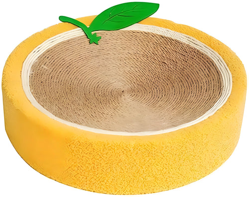 Yellow round cat scratching board with sisal surface and concave sleeping centre