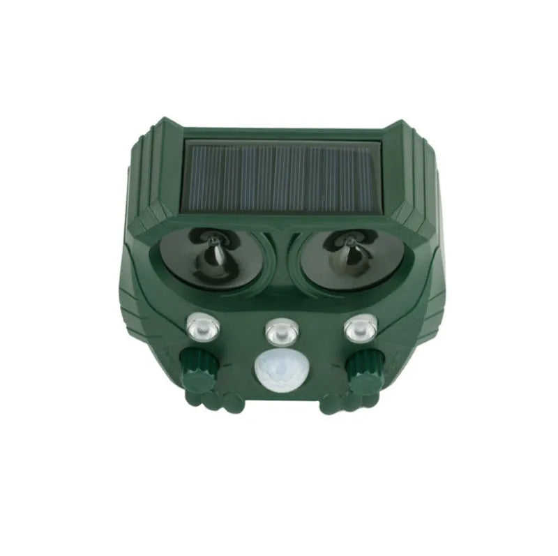 Green solar ultrasonic animal repeller device with outdoor mounting