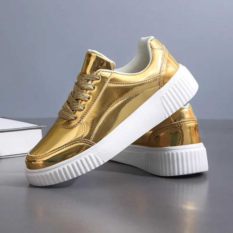 Rose gold and gold sequin platform sneakers with thick soles and round toe design