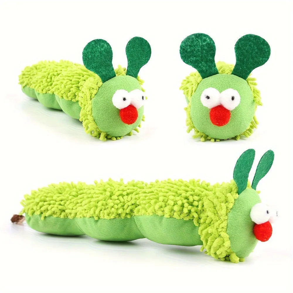 Green interactive plush cat toy pillow measuring 24x11x5cm with rechargeable electronic mechanism