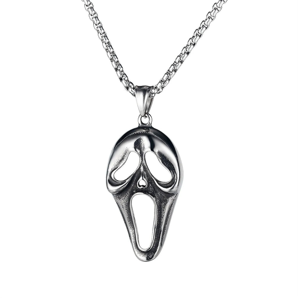 Men's silver skull necklace with alloy pendant and stainless steel chain in sports style