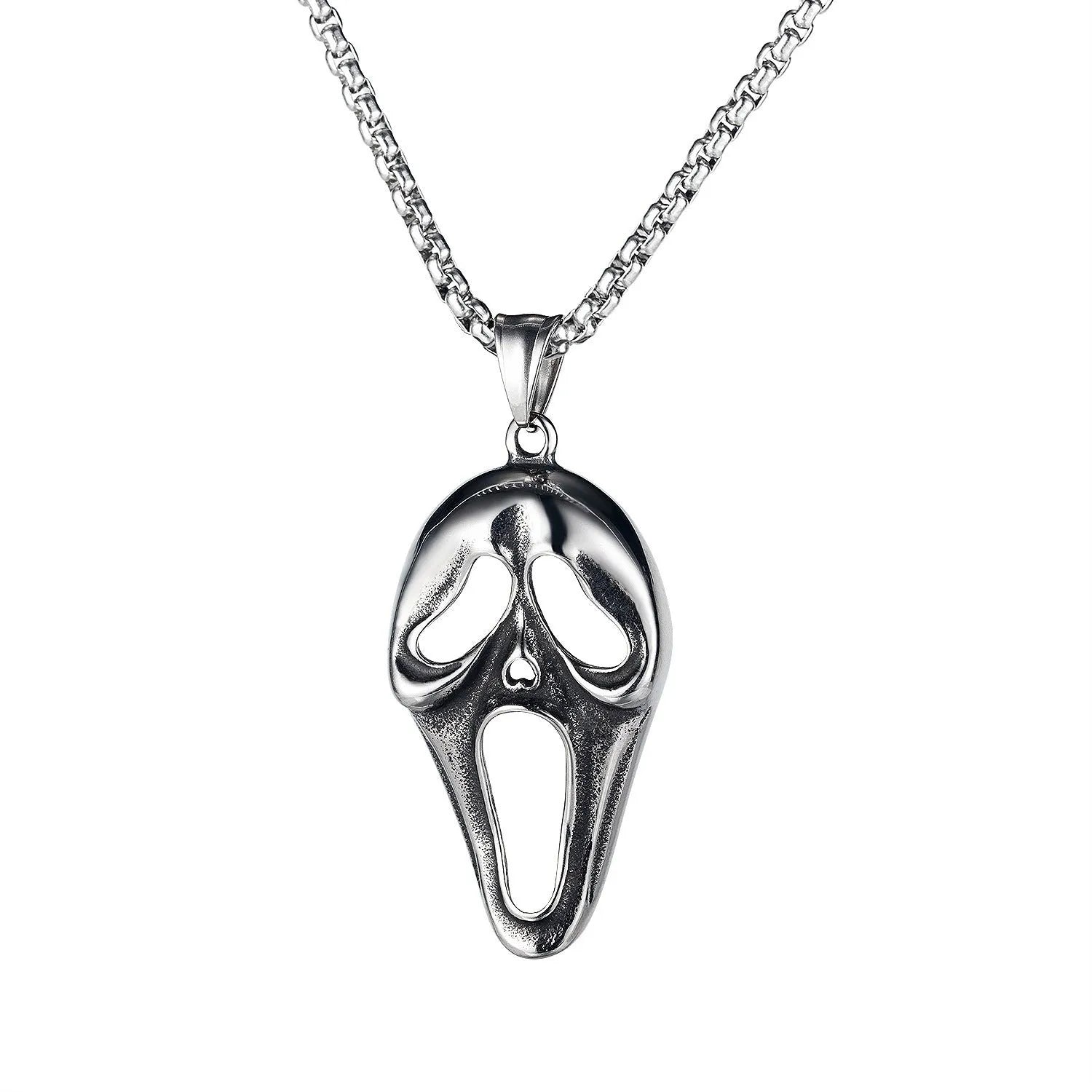 Men's silver skull necklace with alloy pendant and stainless steel chain in sports style