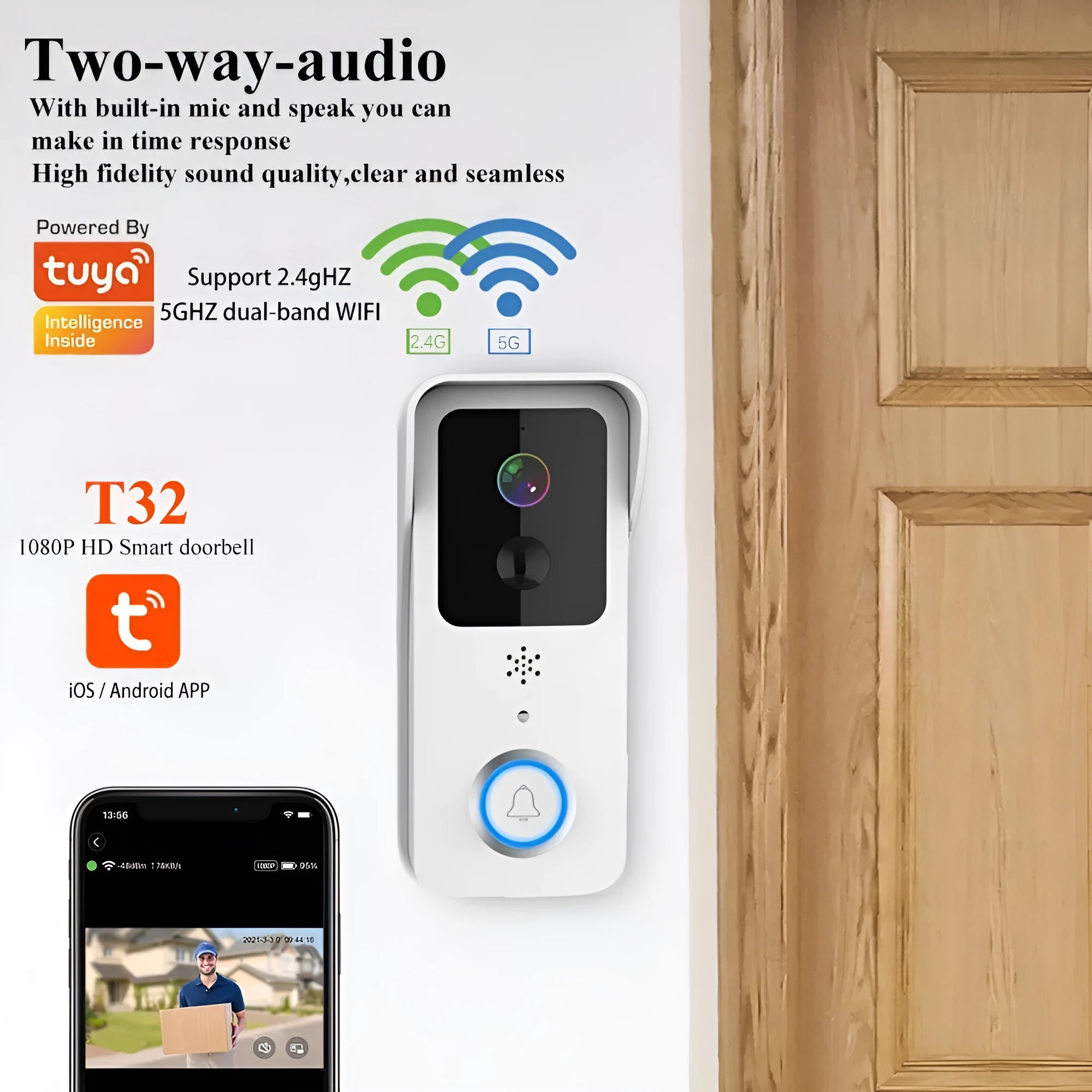 Waterproof HD visual doorbell with remote intercom and app notification capabilities